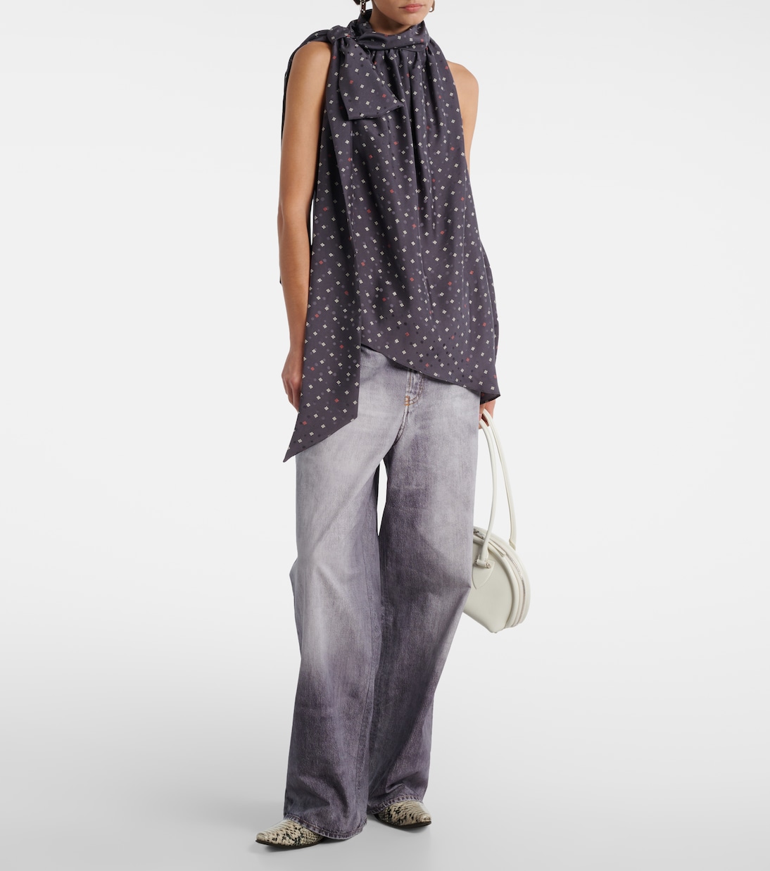 Bow-detail printed asymmetric silk top | Acne Studios