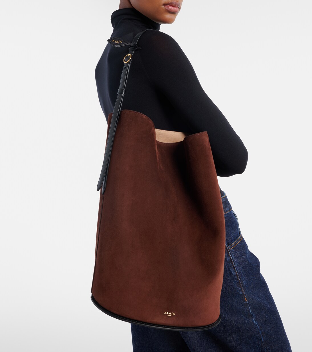 Hip Large leather-trimmed suede bucket bag | Alaïa