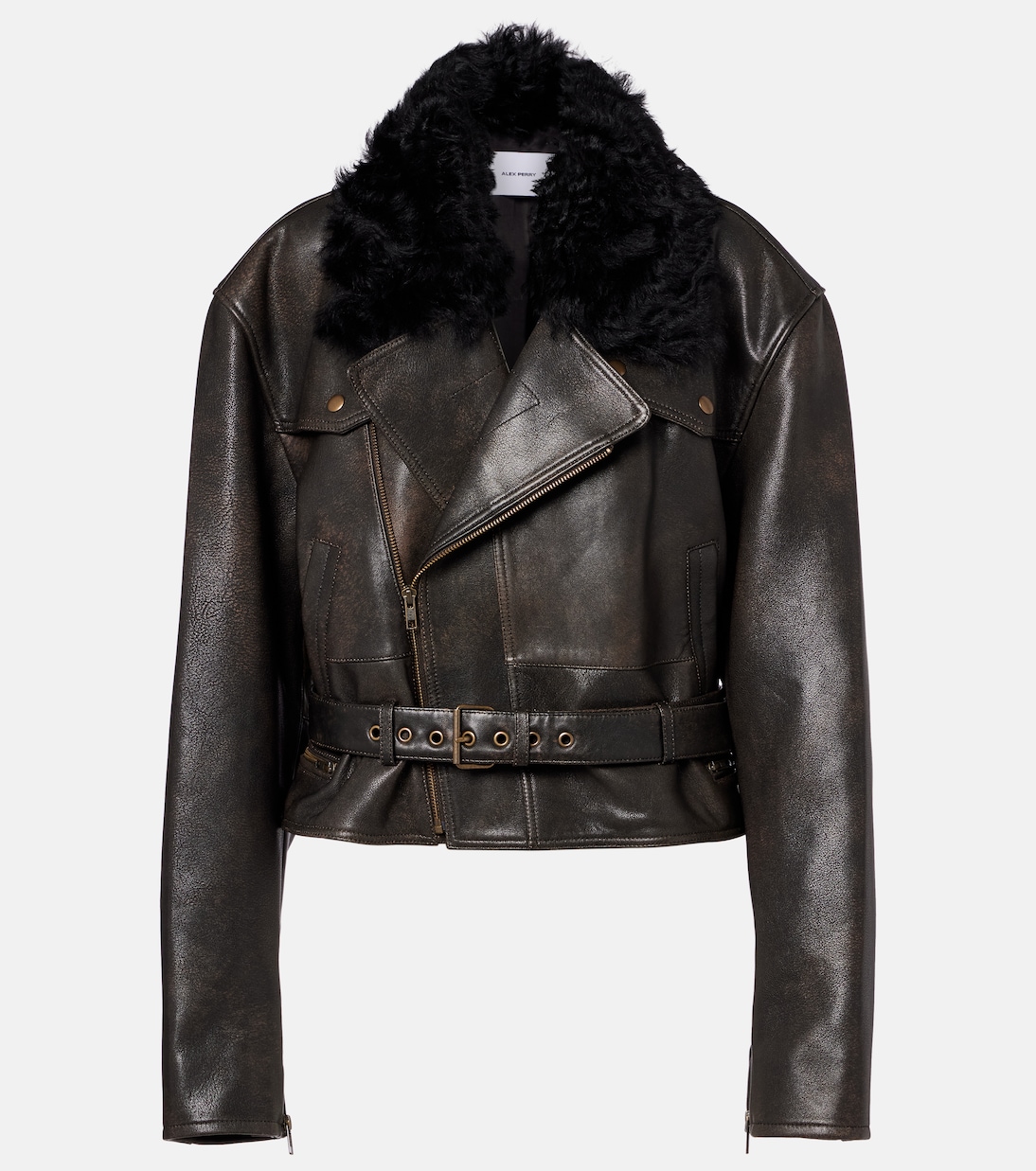 Shearling-trimmed cropped leather biker jacket | Alex Perry