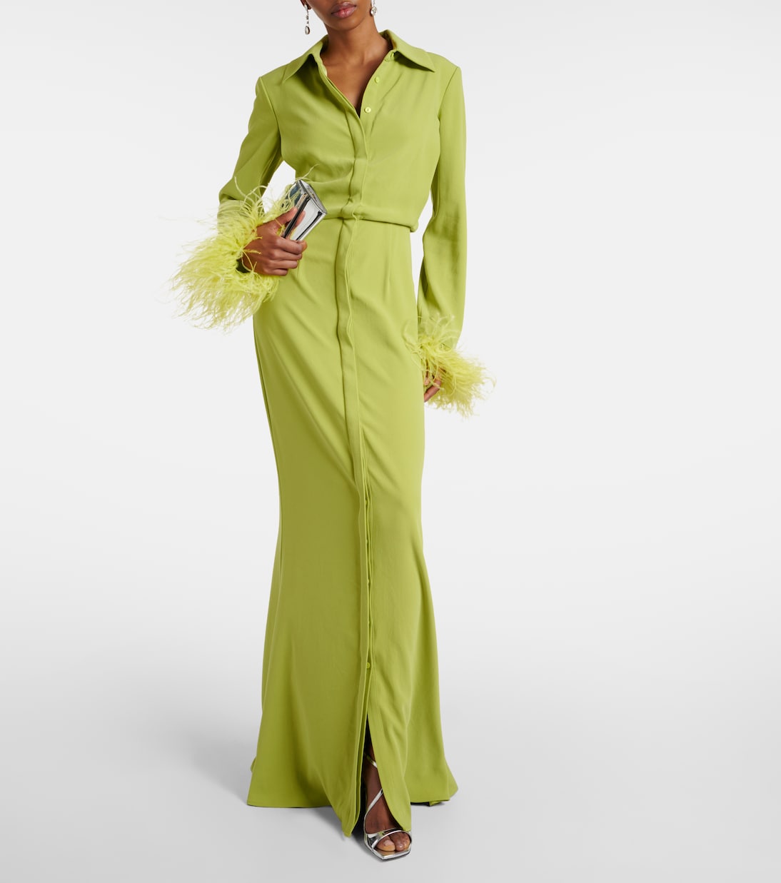 Abito chemisier in crêpe di raso con piume | Roland Mouret