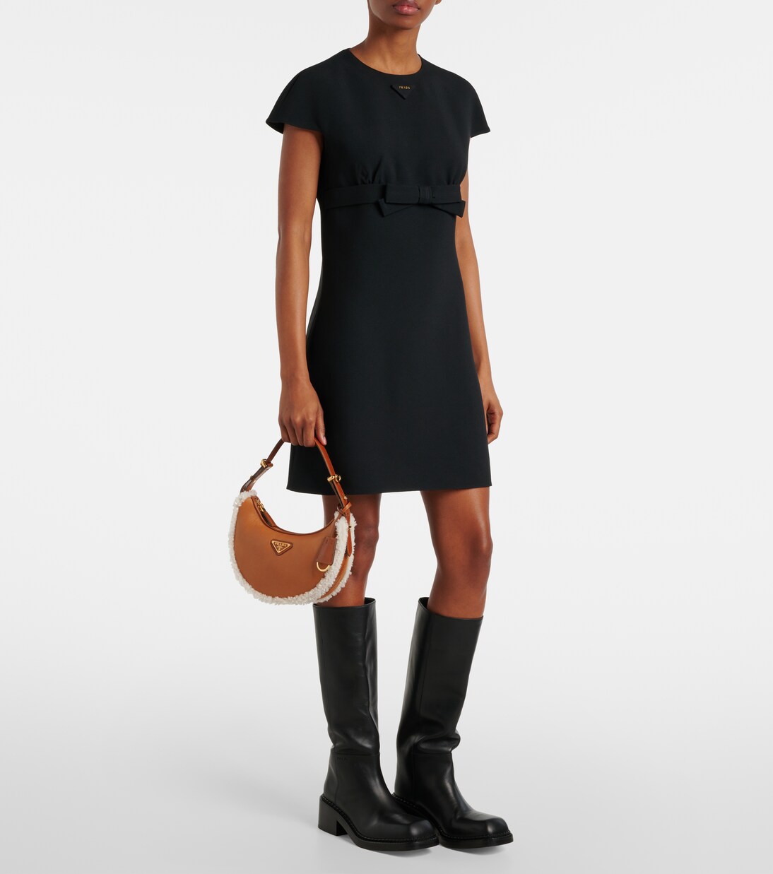 Borsa a spalla Arqué Small in pelle con shearling | Prada