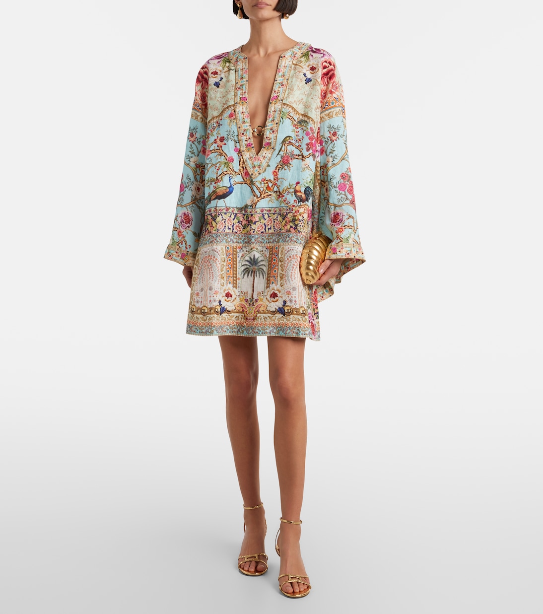 Embellished printed ring-detail linen kaftan | Camilla