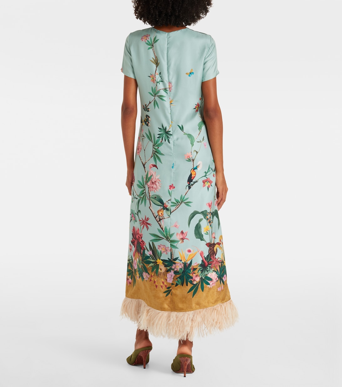 Maxikleid Swing aus Seiden-Twill mit Federn | La DoubleJ