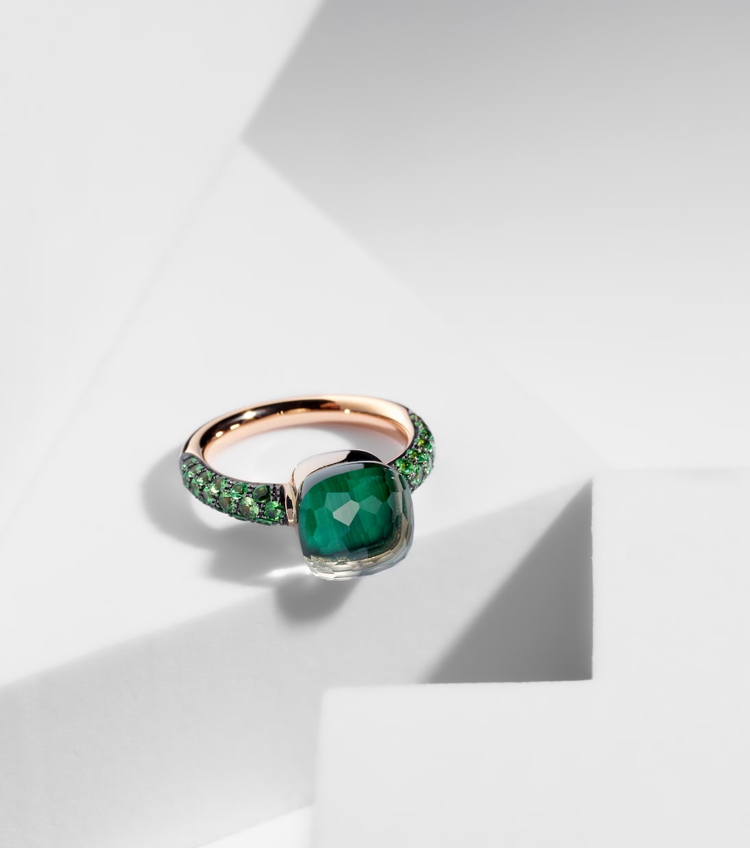 Nudo 18kt rose and white gold ring with malachite, prasiolite, and tsavorite | Pomellato