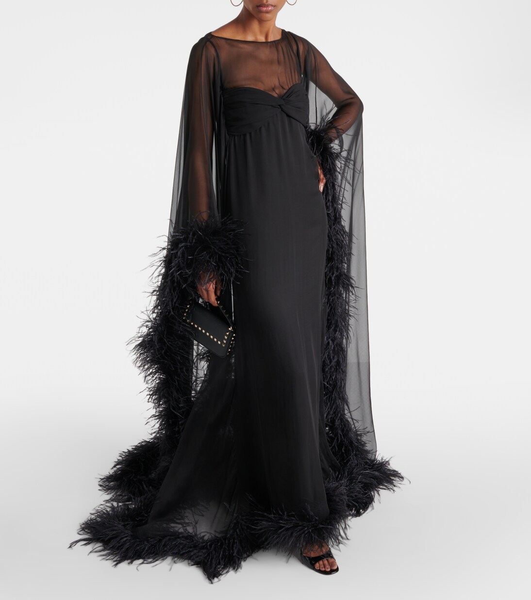 Caped feather-trimmed silk gown | Valentino