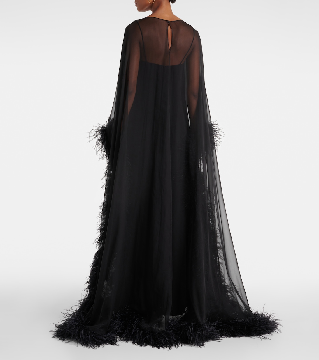 Caped feather-trimmed silk gown | Valentino