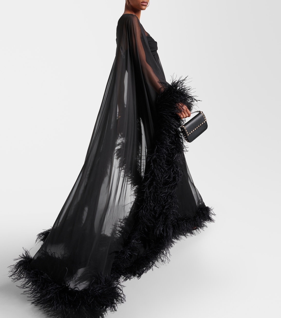 Caped feather-trimmed silk gown | Valentino