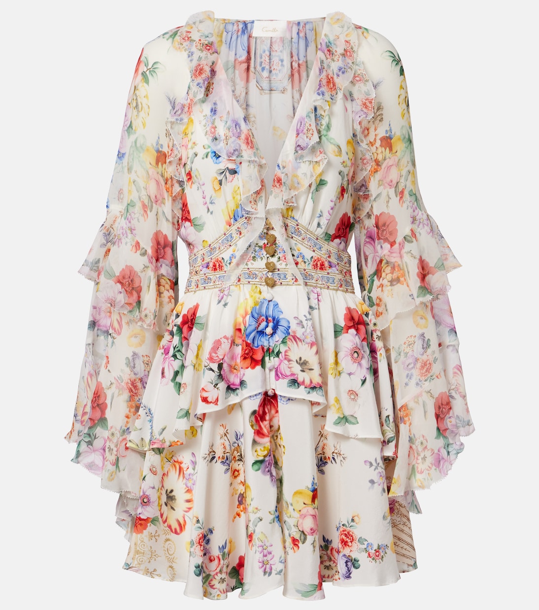 Embellished floral ruffled silk minidress | Camilla