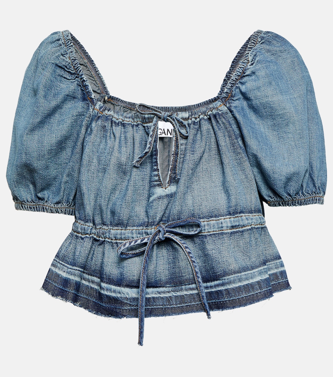 Puff-sleeve denim crop top | Ganni