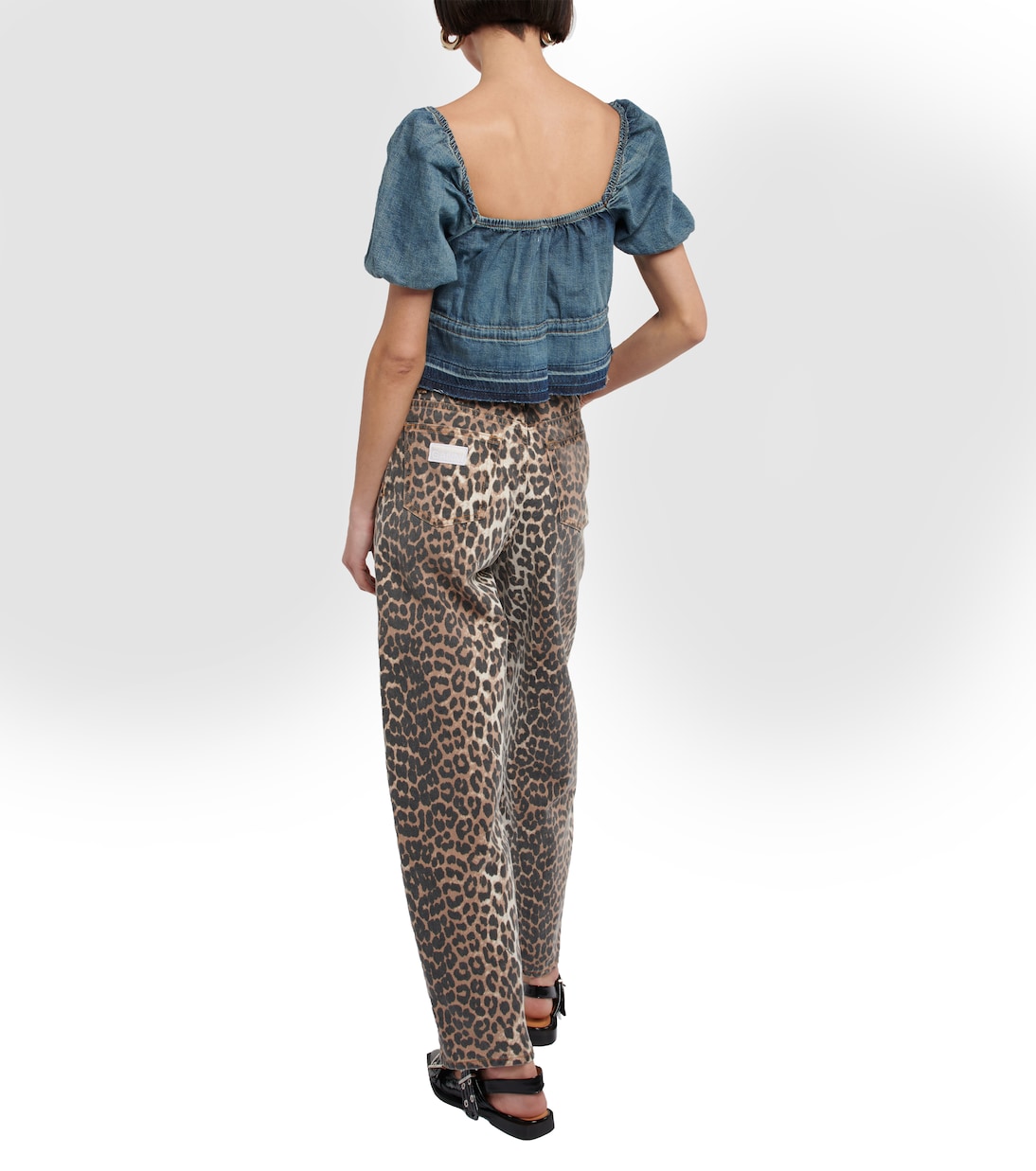 Puff-sleeve denim crop top | Ganni