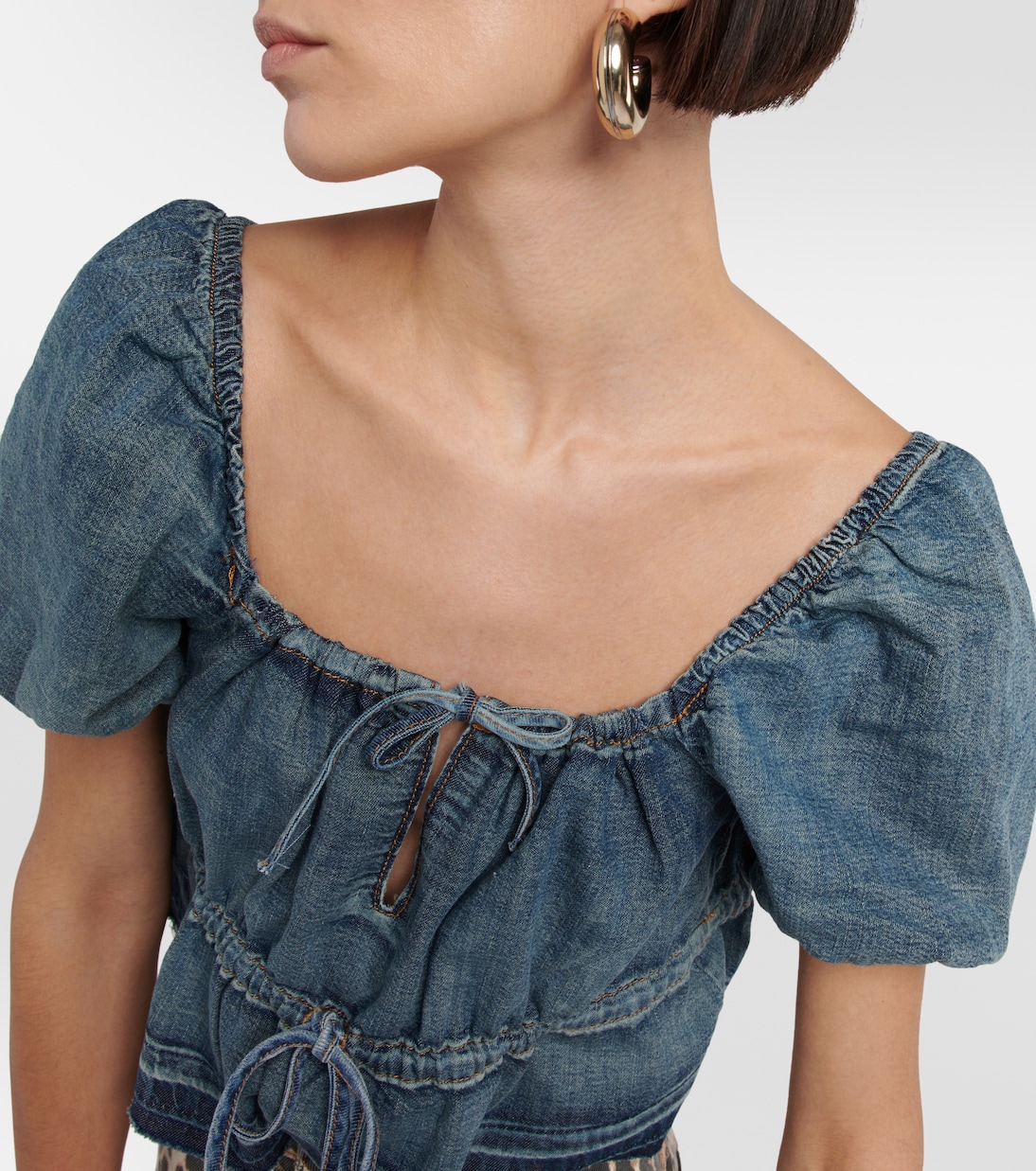 Puff-sleeve denim crop top | Ganni
