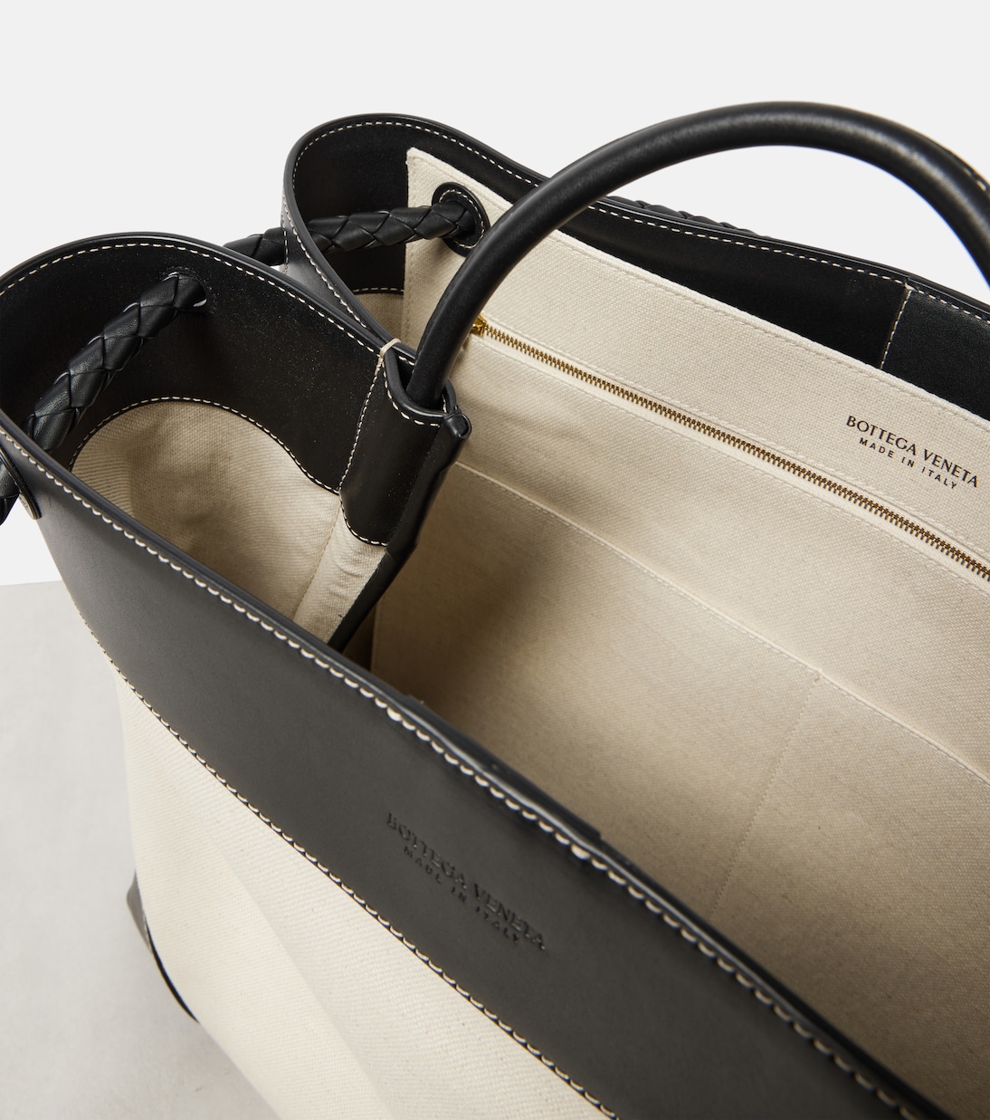 Andiamo Large leather-trimmed canvas tote bag | Bottega Veneta