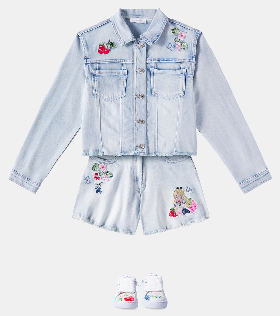 Distressed patch-appliqué denim jacket | Monnalisa
