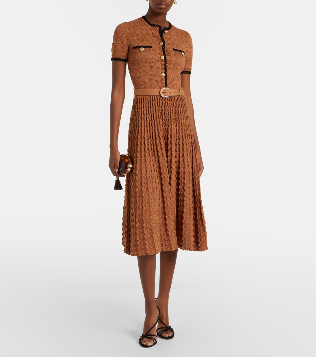 Belted pointelle cotton-blend midi dress | Self-Portrait