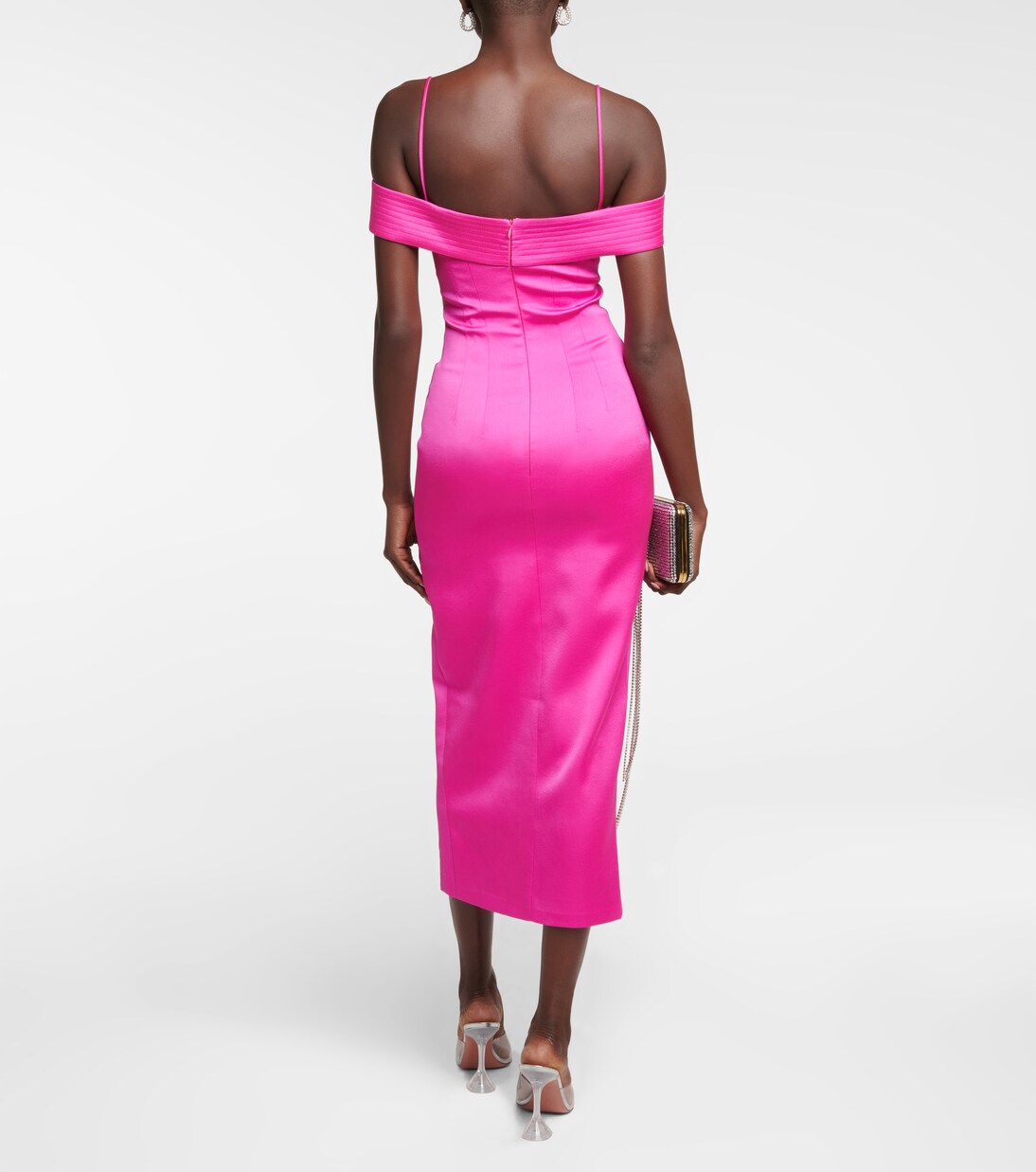 Robe midi en satin à encolure bardot | Rasario