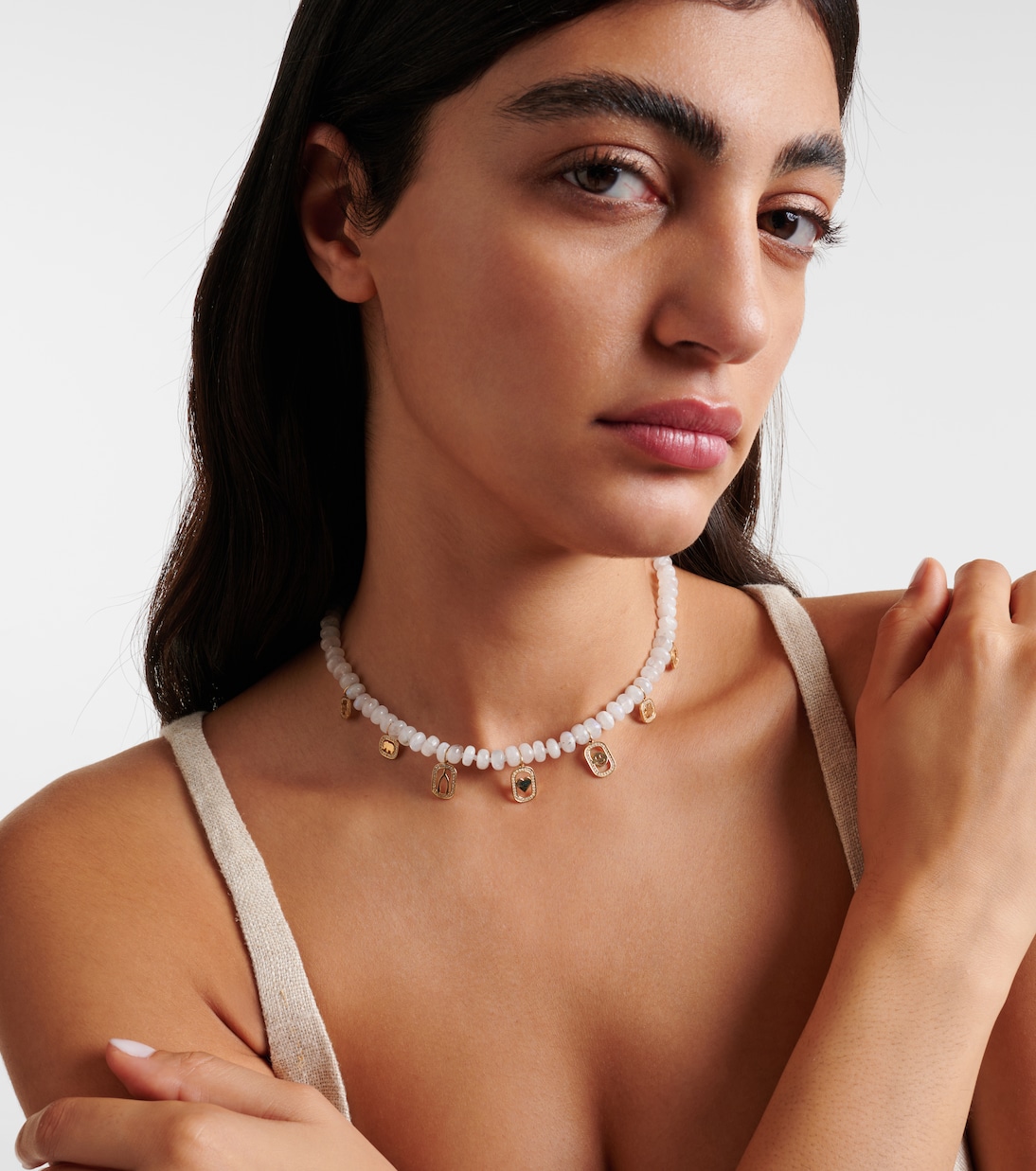 Multi-charm 14kt gold necklace with moonstone and diamonds | Sydney Evan