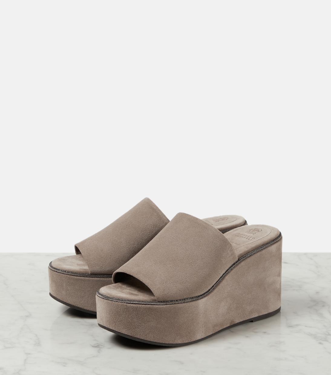 Verzierte Wedge-Pantoletten aus Veloursleder | Brunello Cucinelli