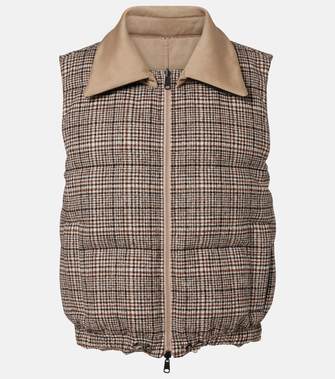 Checked leather-trimmed down vest | Brunello Cucinelli