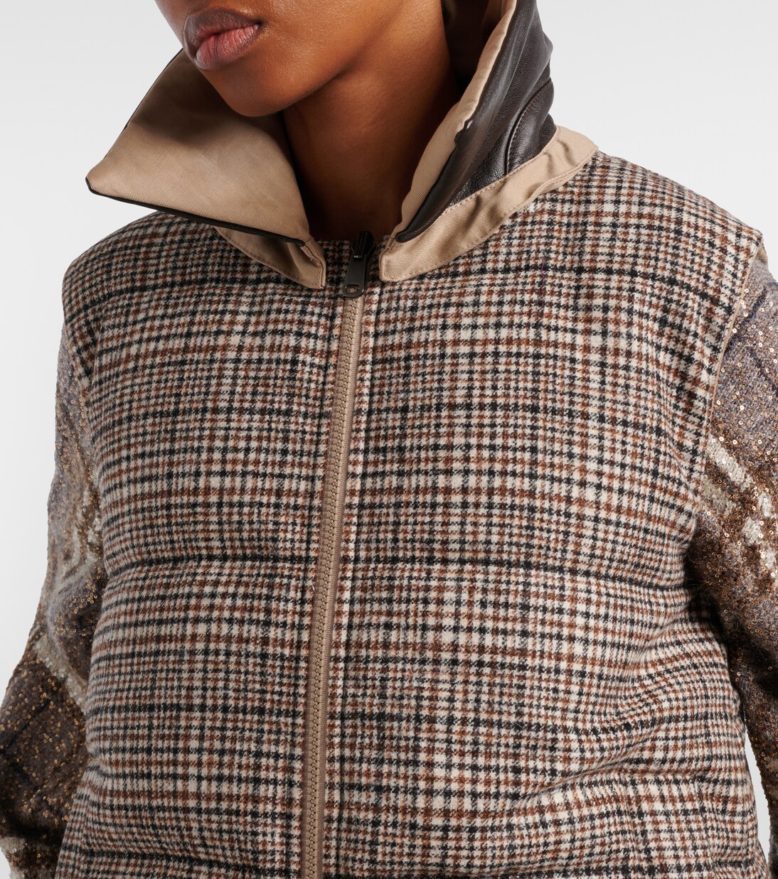 Checked leather-trimmed down vest | Brunello Cucinelli