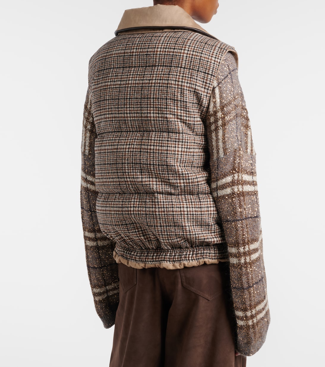 Checked leather-trimmed down vest | Brunello Cucinelli
