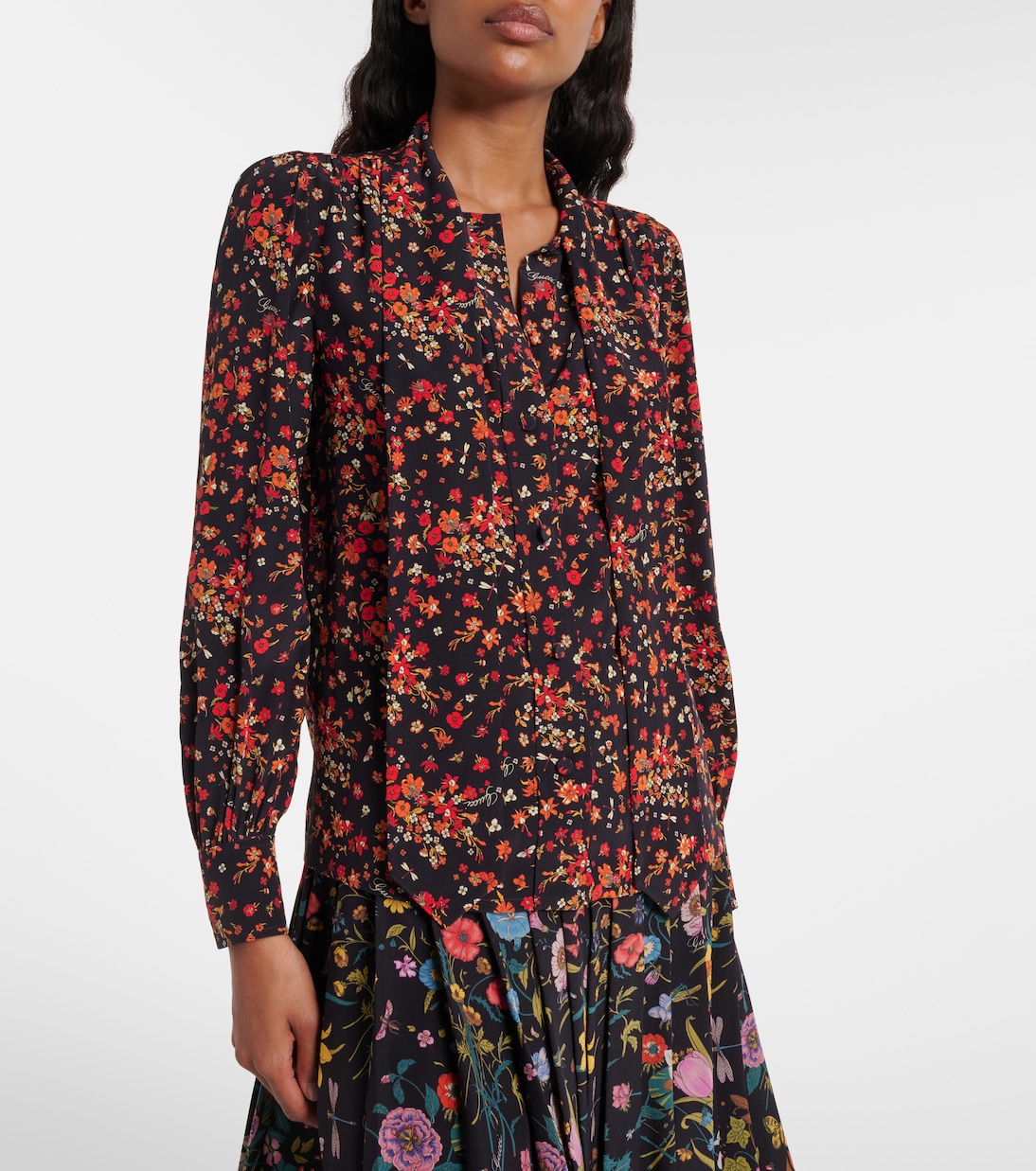 Bow-detail floral silk blouse | Gucci