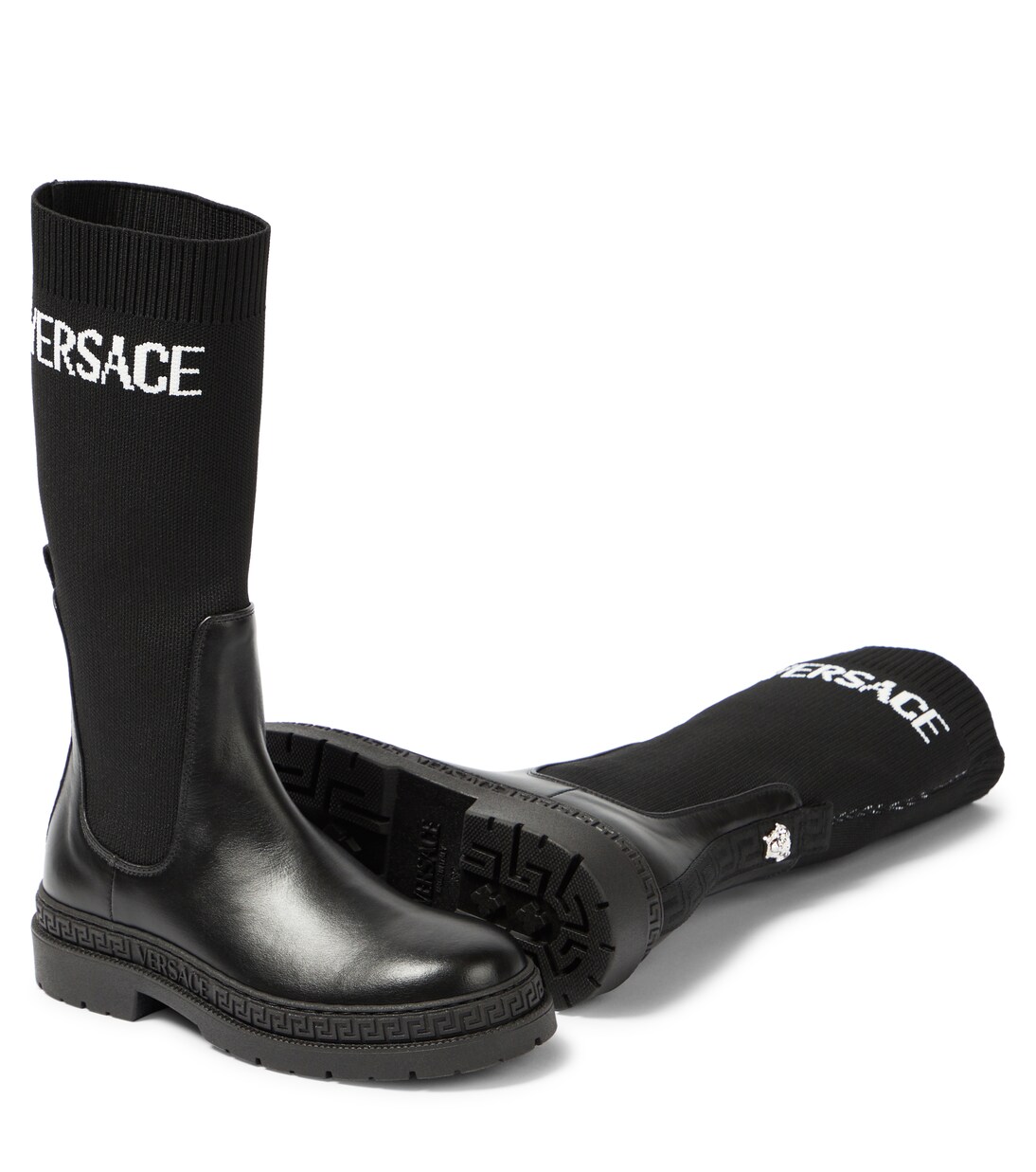 Bottines en jacquard à logo et cuir | Versace Kids