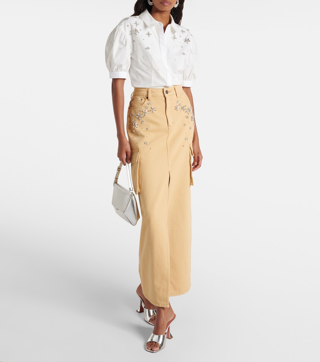 Embellished cargo denim maxi skirt | Self-Portrait