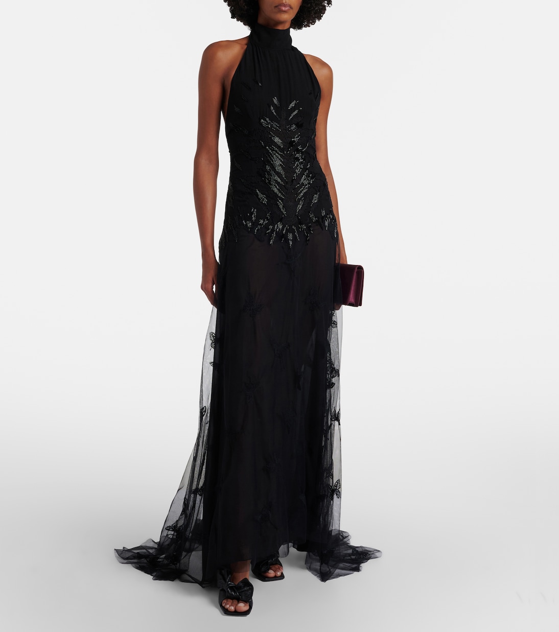 Embellished georgette and lace maxi dress | Blumarine