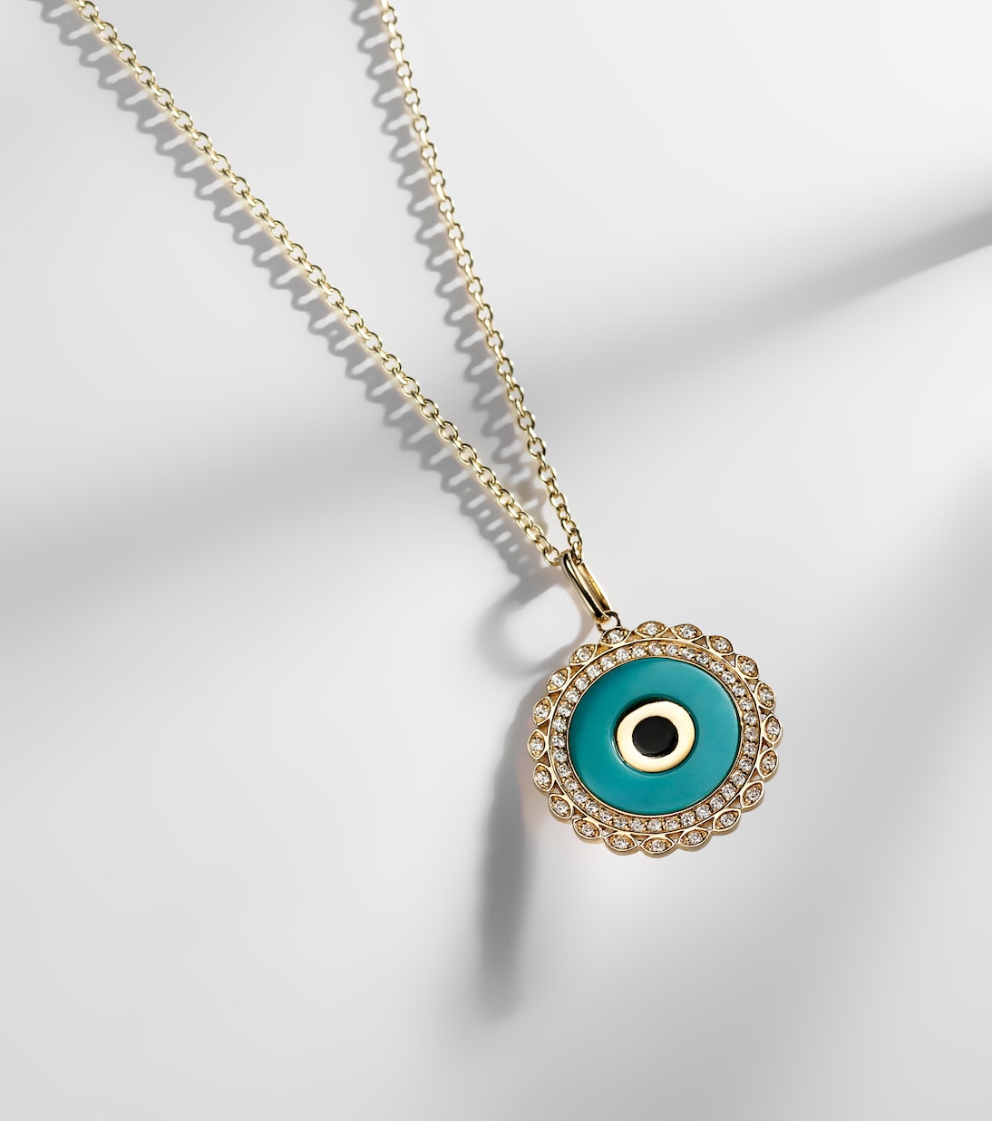 Large Evil Eye 14kt gold chain necklace with diamonds and turquoise | Sydney Evan