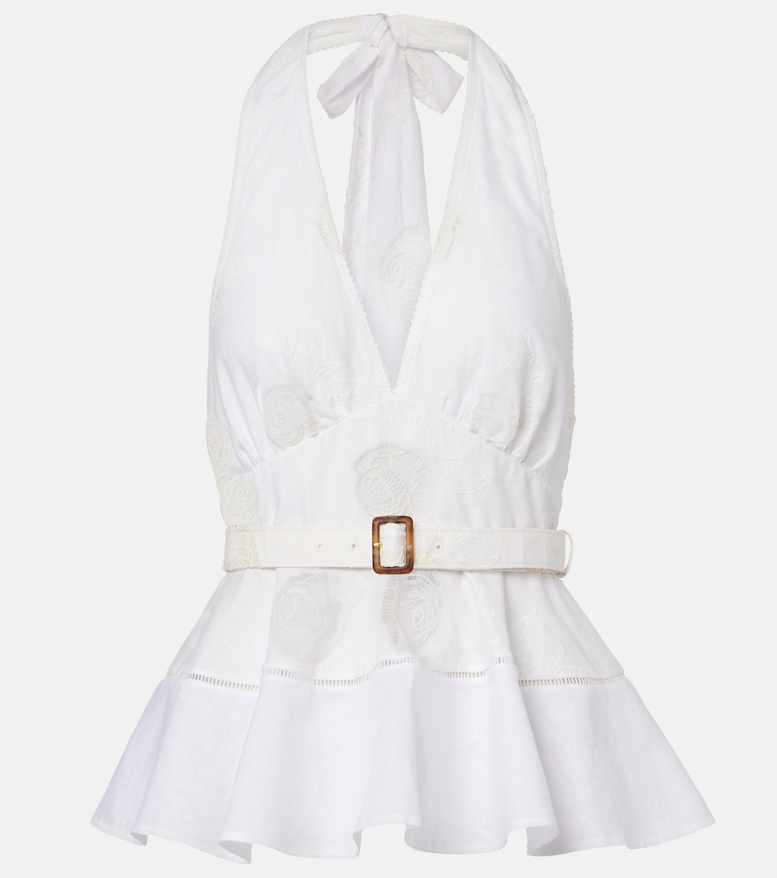 Broderie anglaise peplum linen and cotton top | Self-Portrait