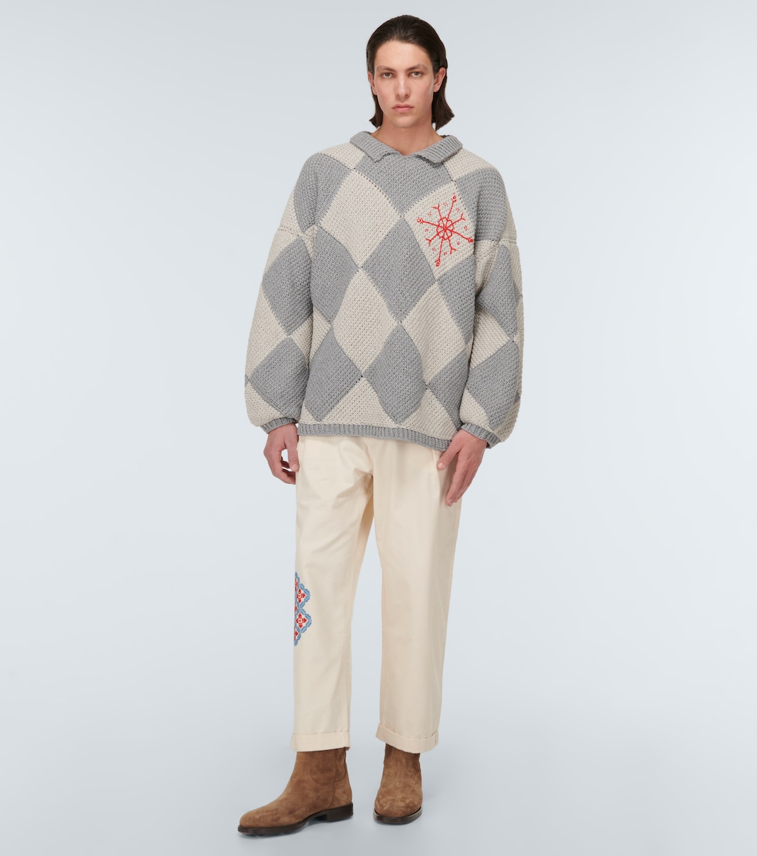 Embroidered straight cotton pants | Adish