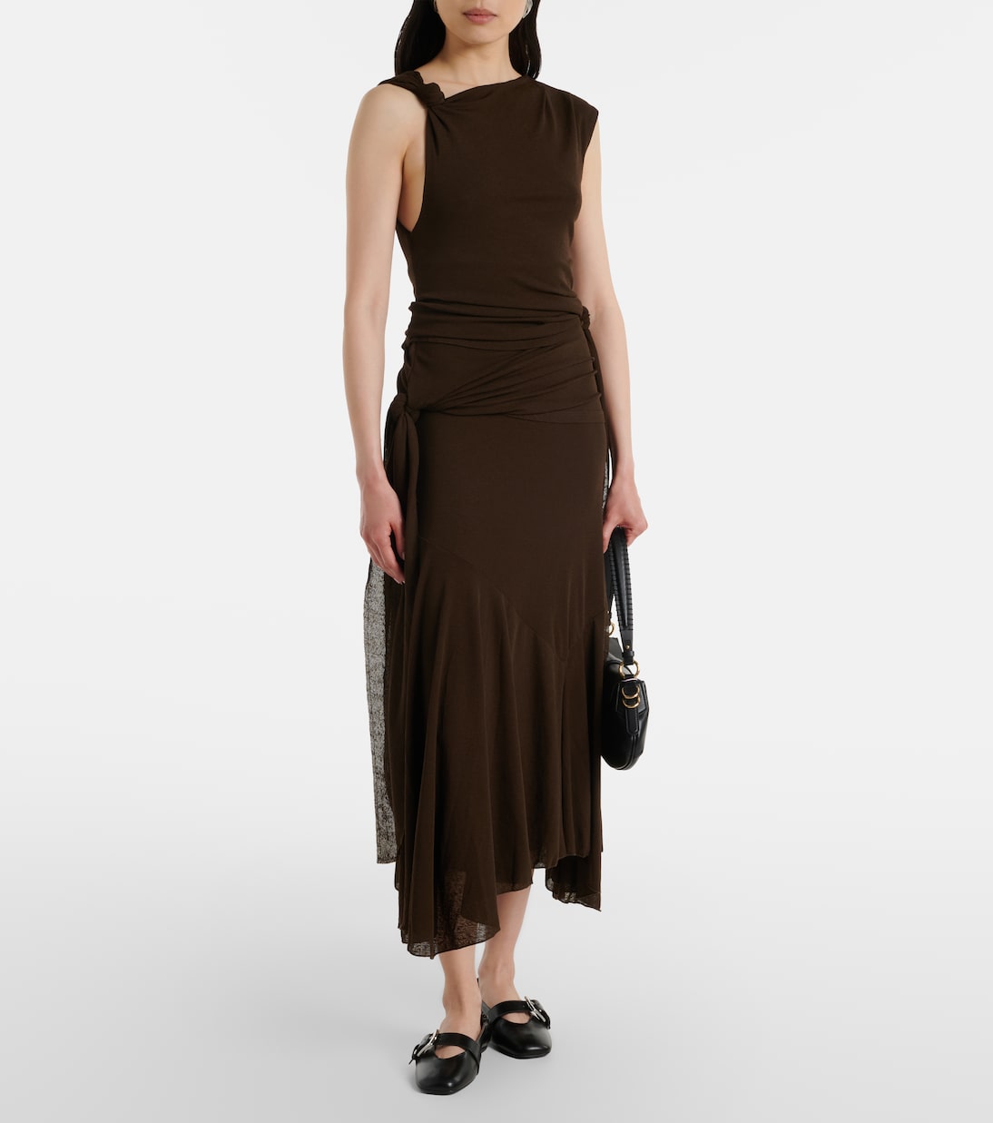 不对称垂褶网布中长连衣裙 | Ganni