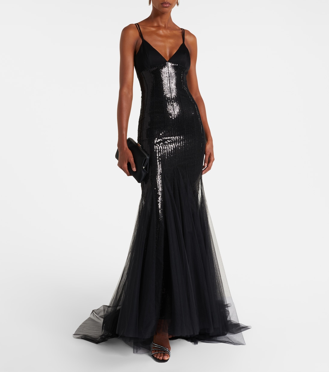 Robe longue en tulle et satin à sequins | David Koma