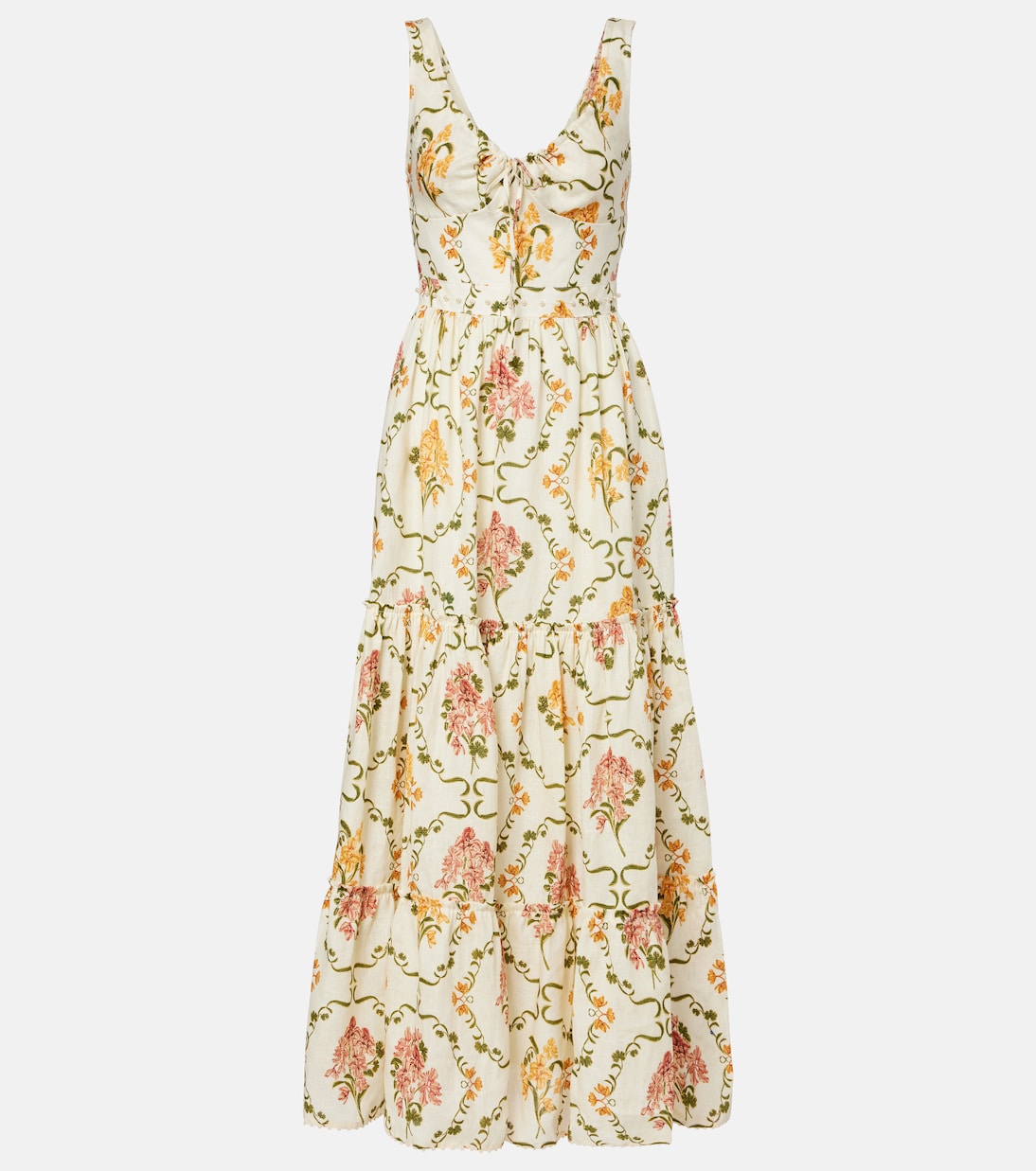 Vestido largo Azulejo de lino floral adornado | Agua by Agua Bendita