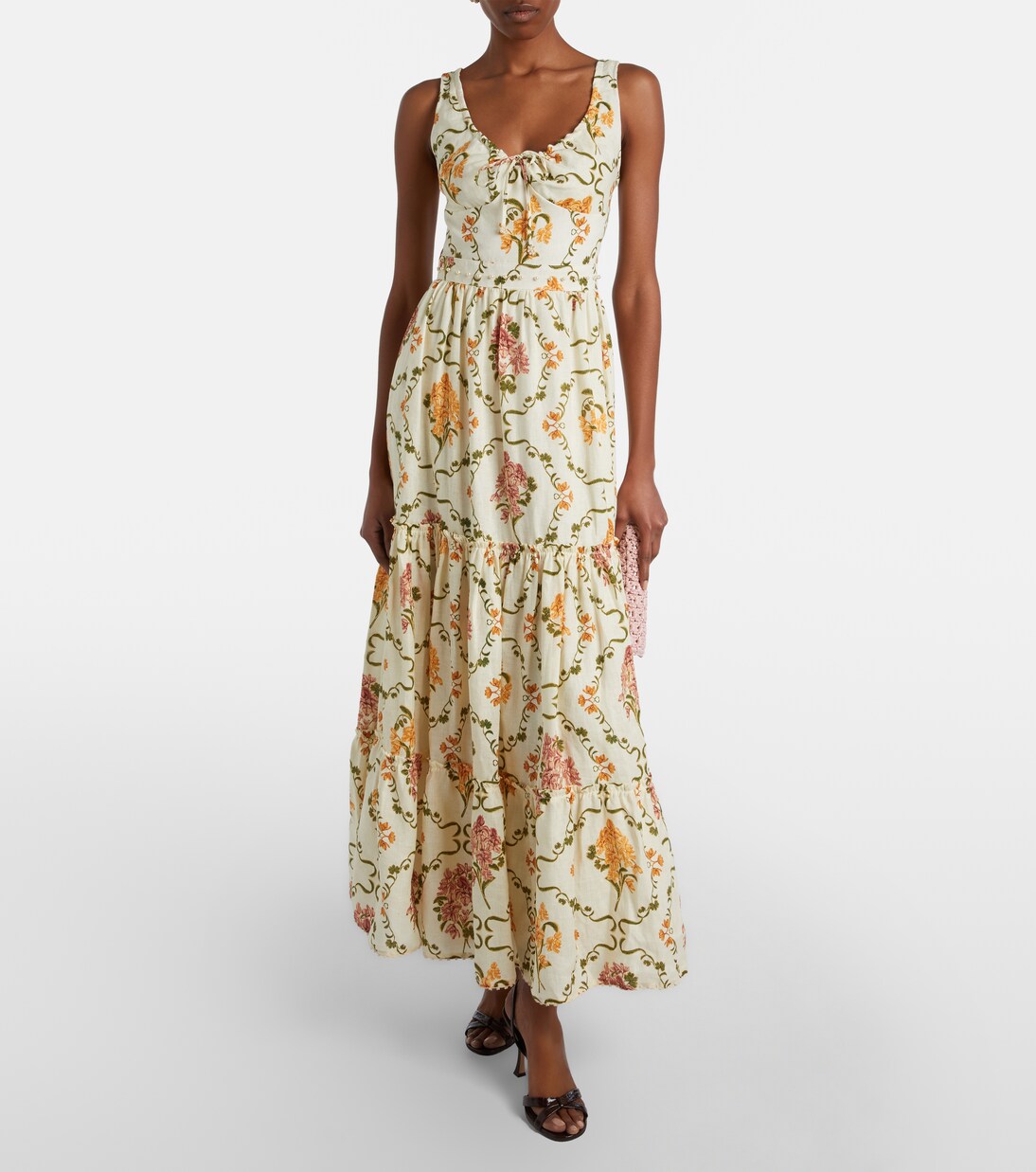 Vestido largo Azulejo de lino floral adornado | Agua by Agua Bendita