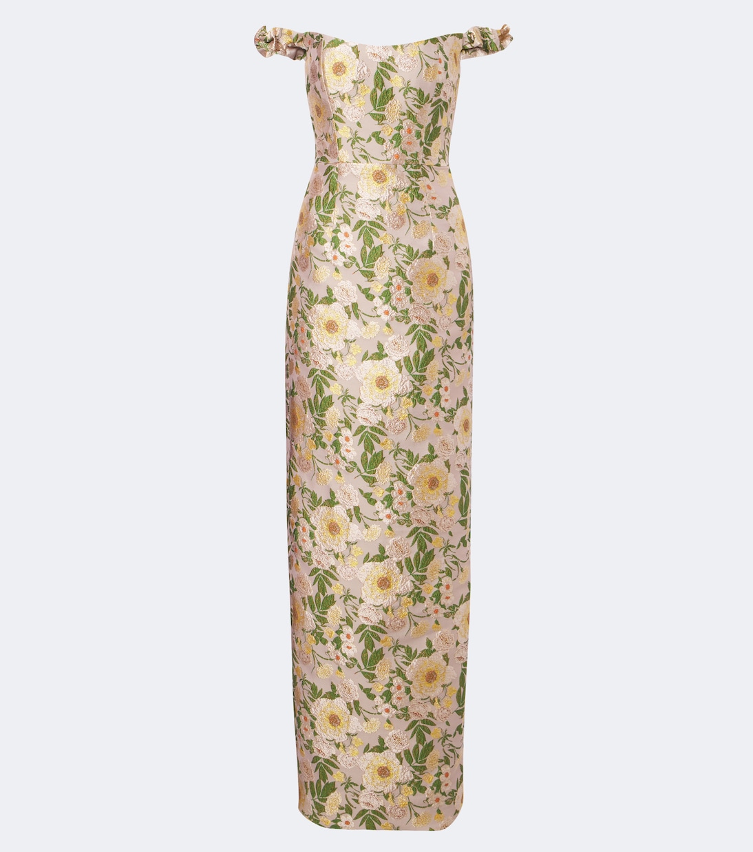 Off-shoulder floral brocade gown