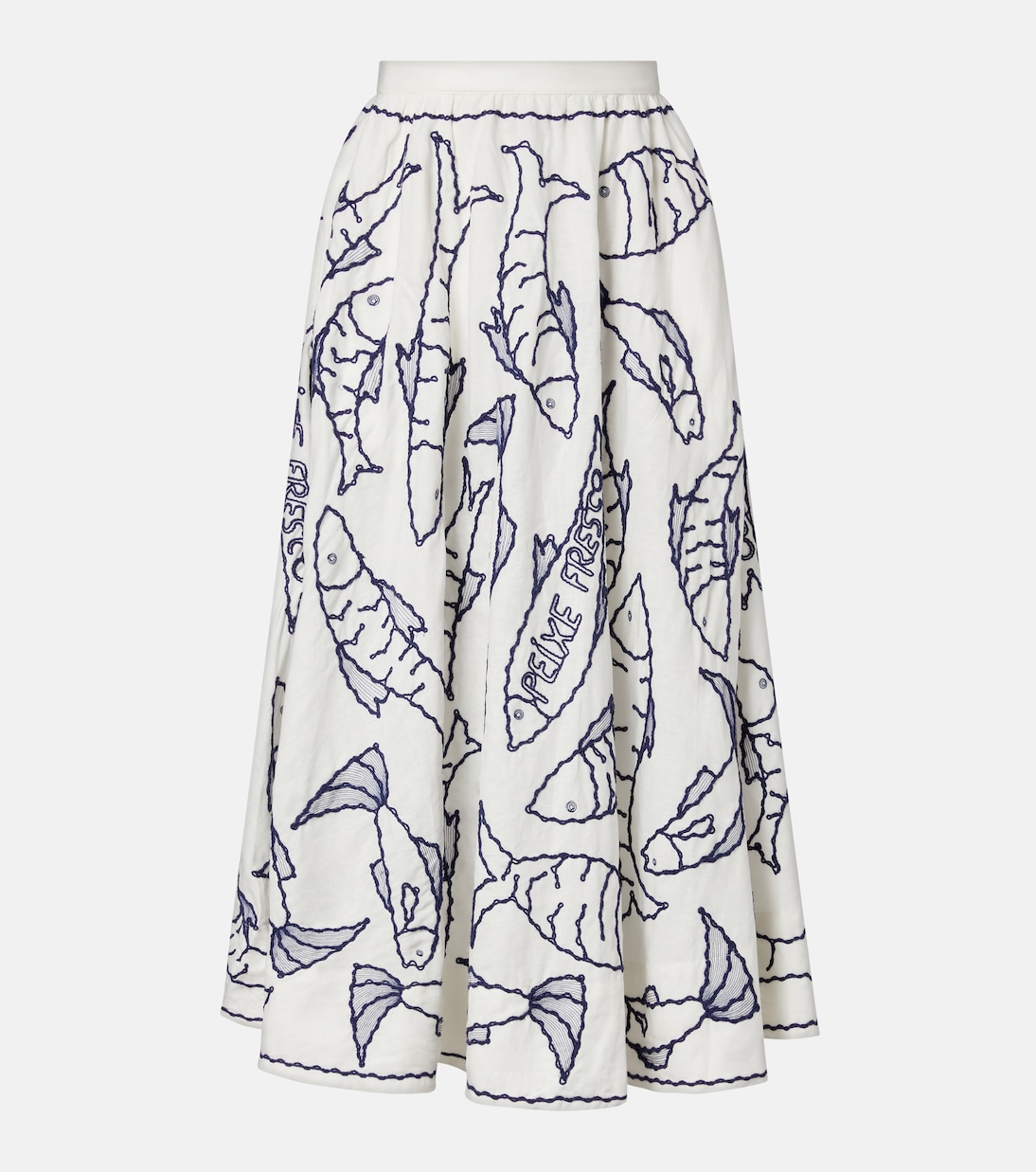 Falda midi en mezcla de lino bordada | Farm Rio