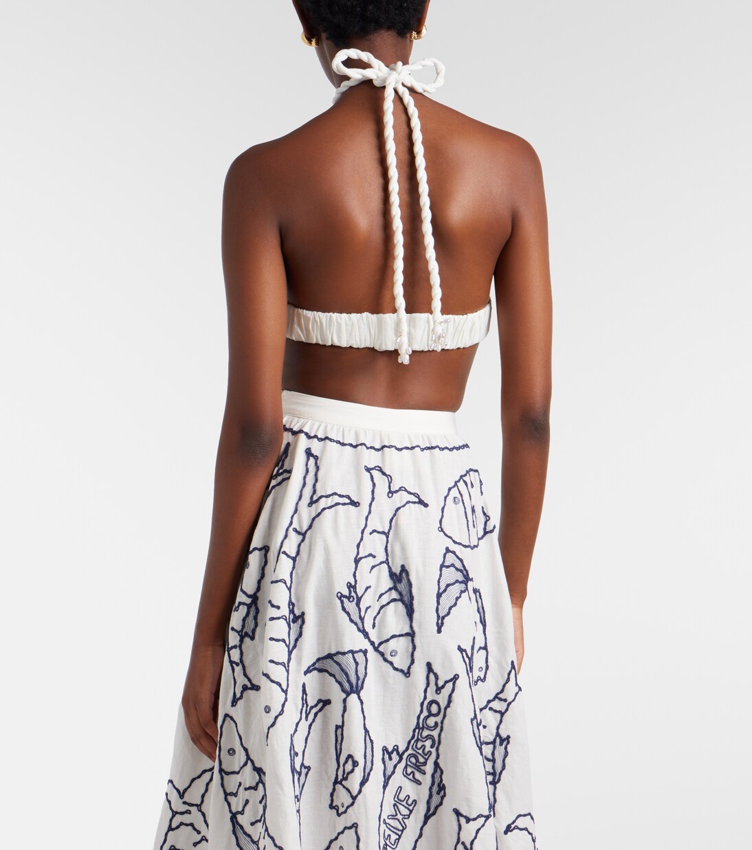 Falda midi en mezcla de lino bordada | Farm Rio