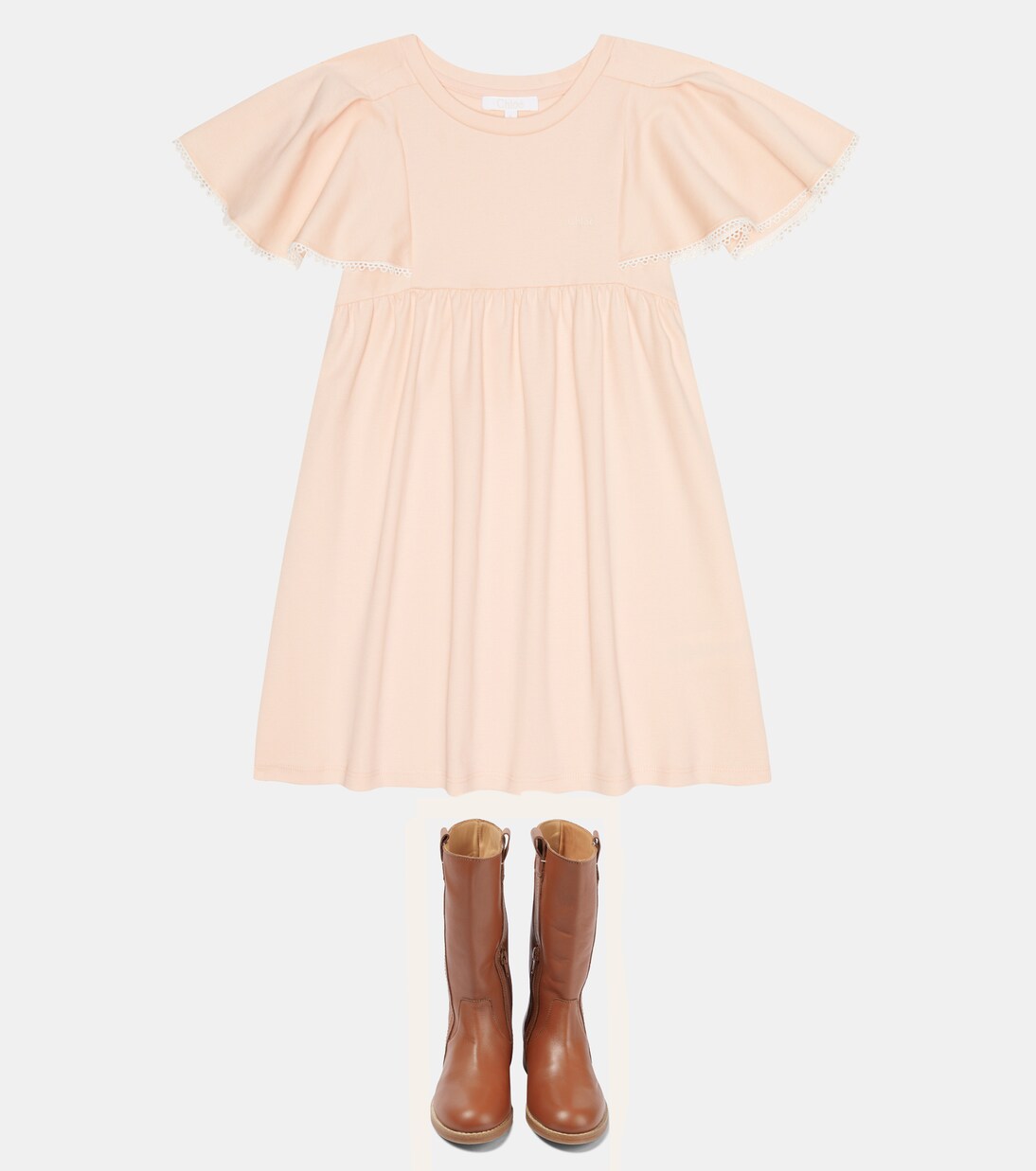 Embroidered ruffle-sleeve cotton dress | Chloé Kids