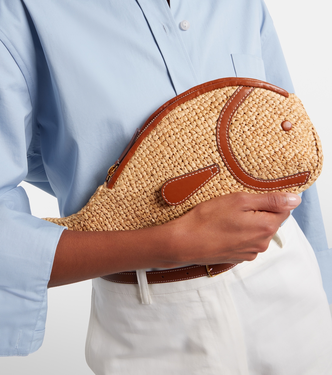 Pesce leather-trimmed raffia clutch | Staud