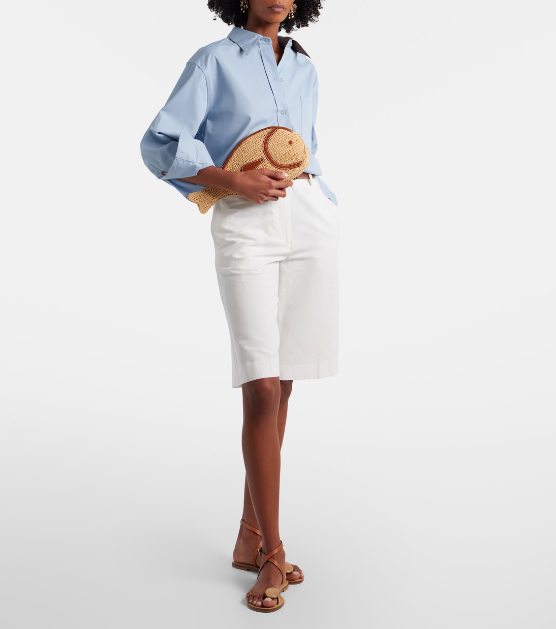 Pesce leather-trimmed raffia clutch | Staud