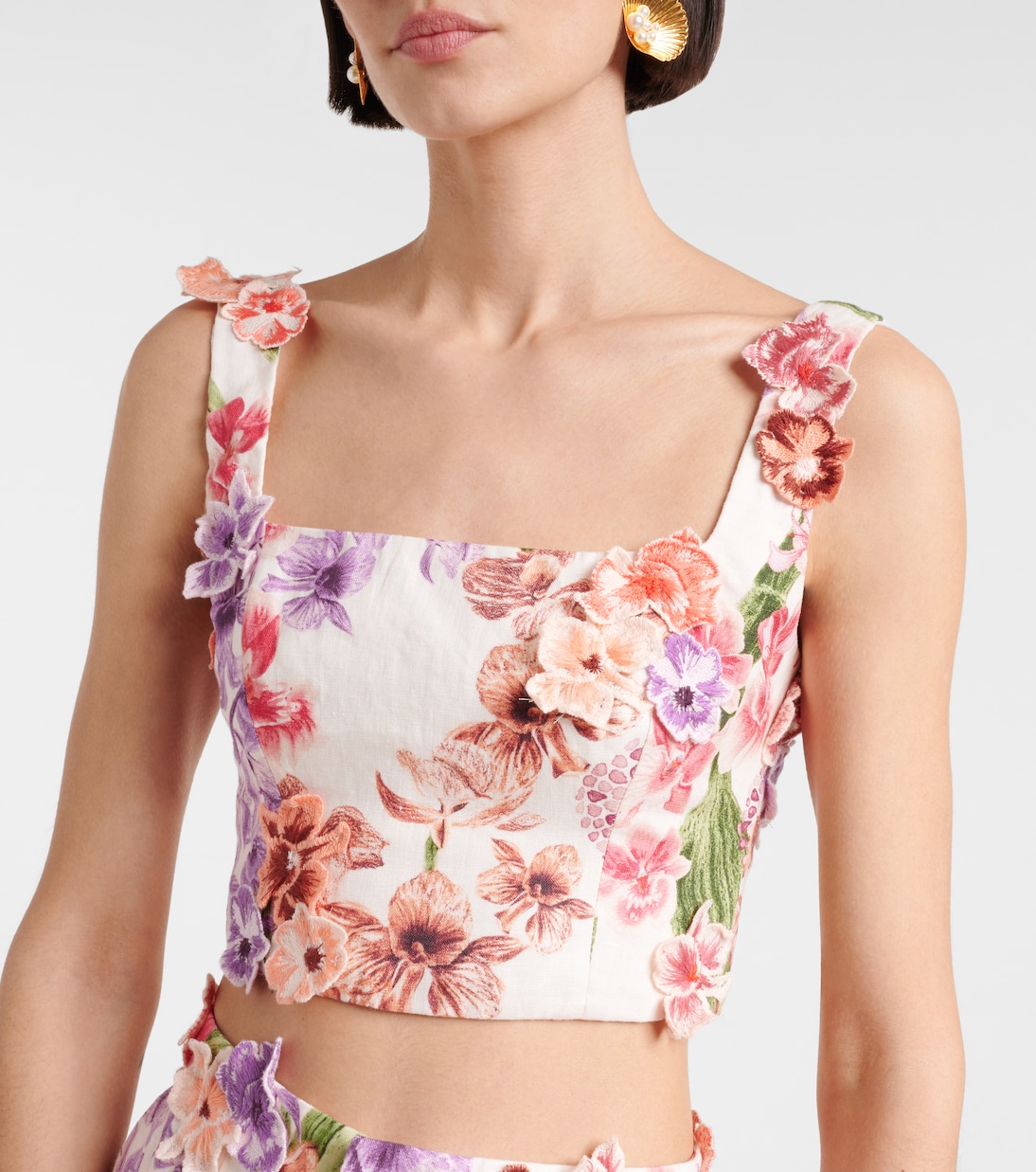 Top cropped Amanda in lino con applicazioni floreali | Agua by Agua Bendita