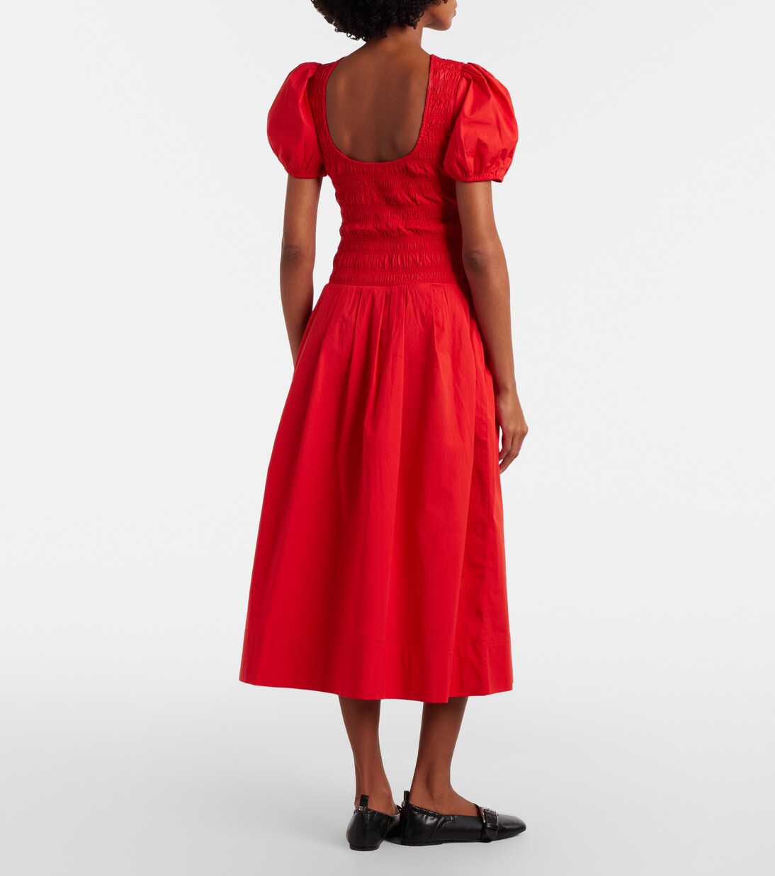 Shirred cotton-blend poplin midi dress | Ganni