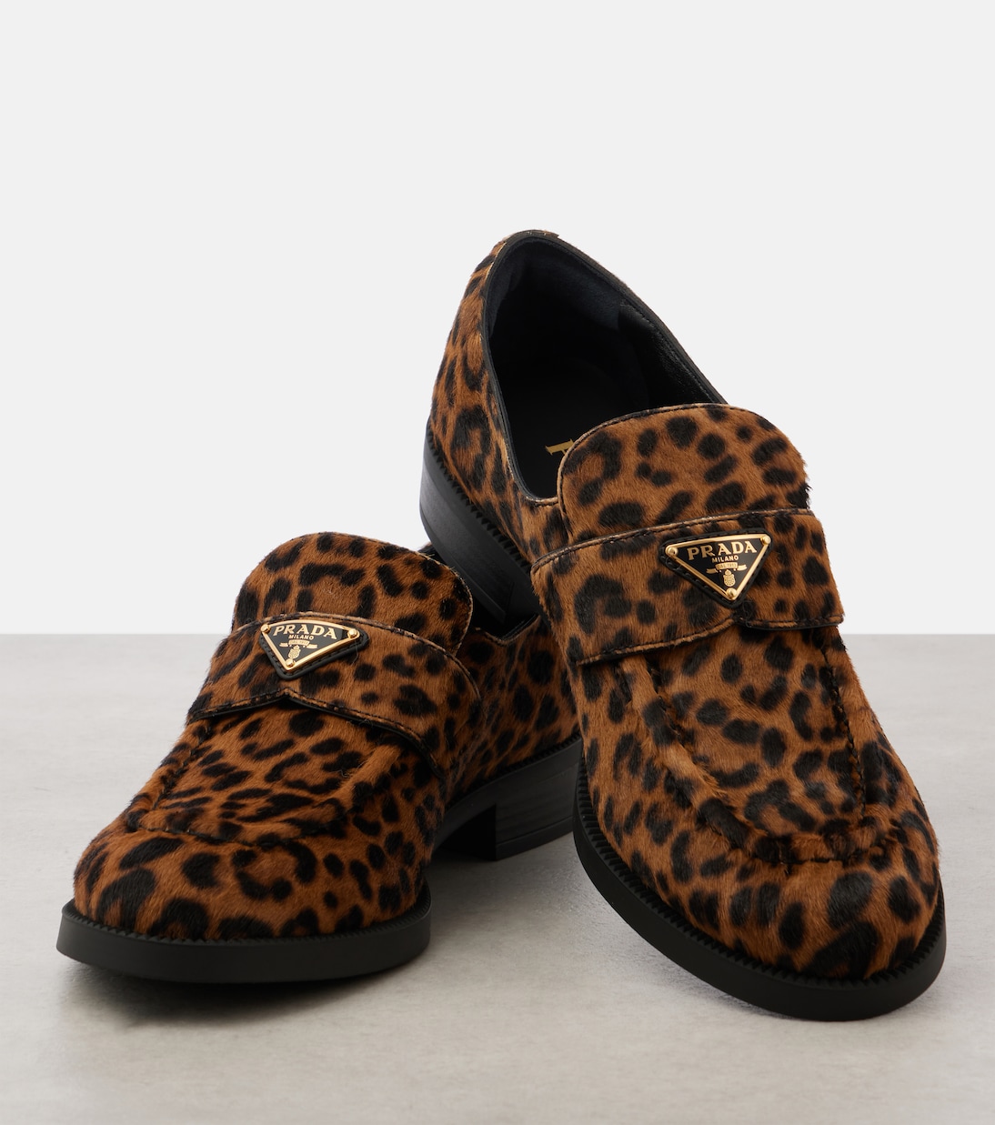 Logo leopard-print calf hair loafers | Prada