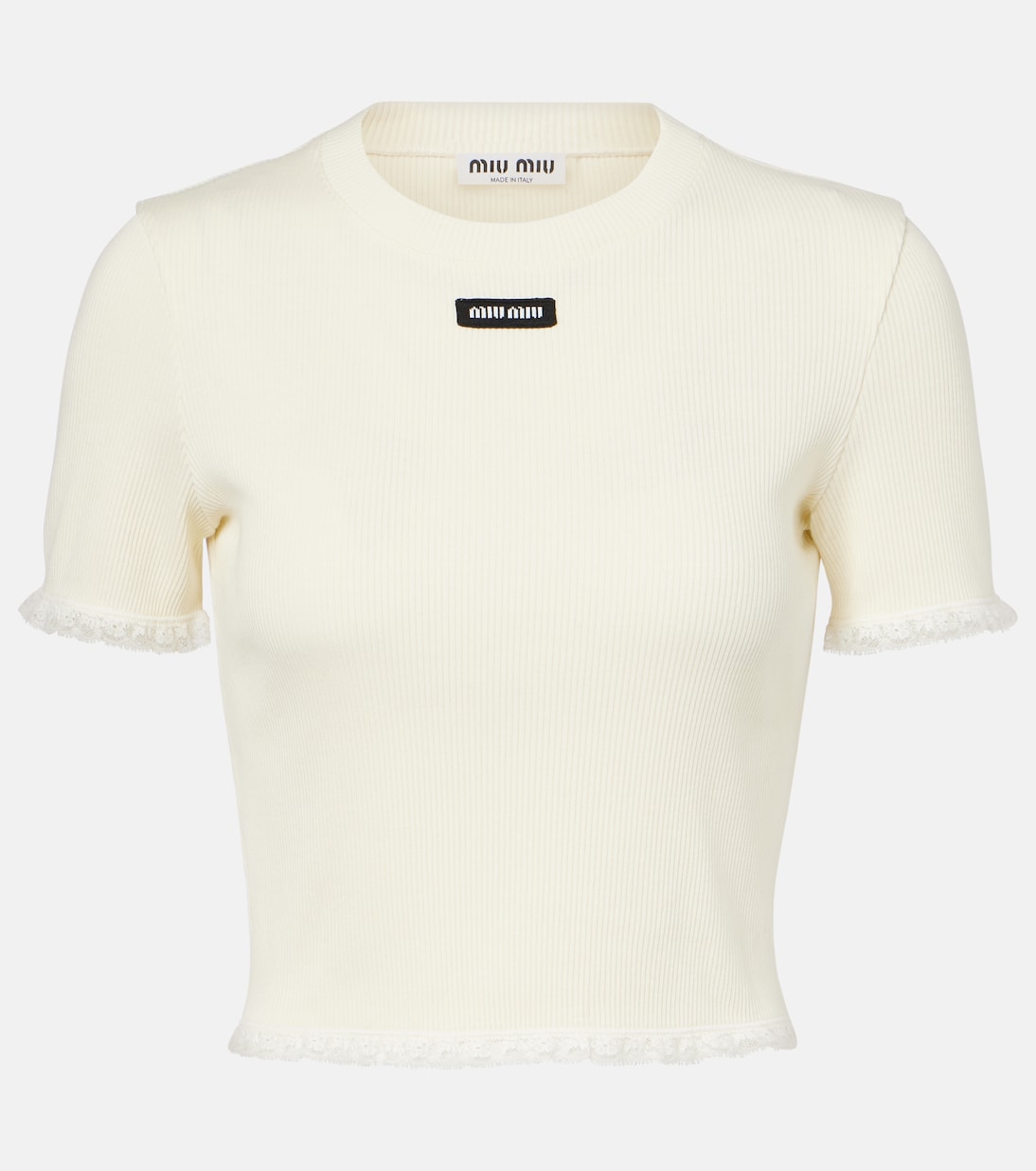 Cropped lace-trimmed cotton T-shirt | Miu Miu
