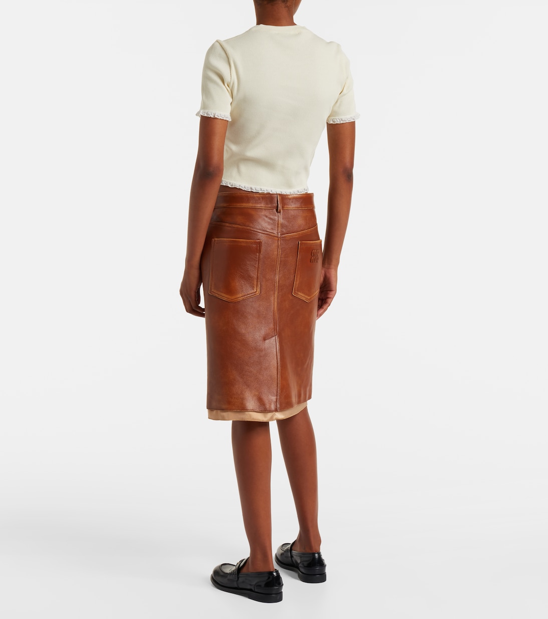 Cropped lace-trimmed cotton T-shirt | Miu Miu