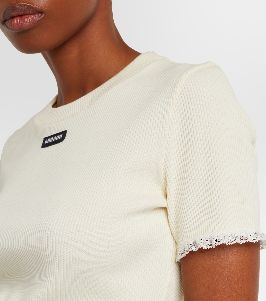 Cropped lace-trimmed cotton T-shirt | Miu Miu