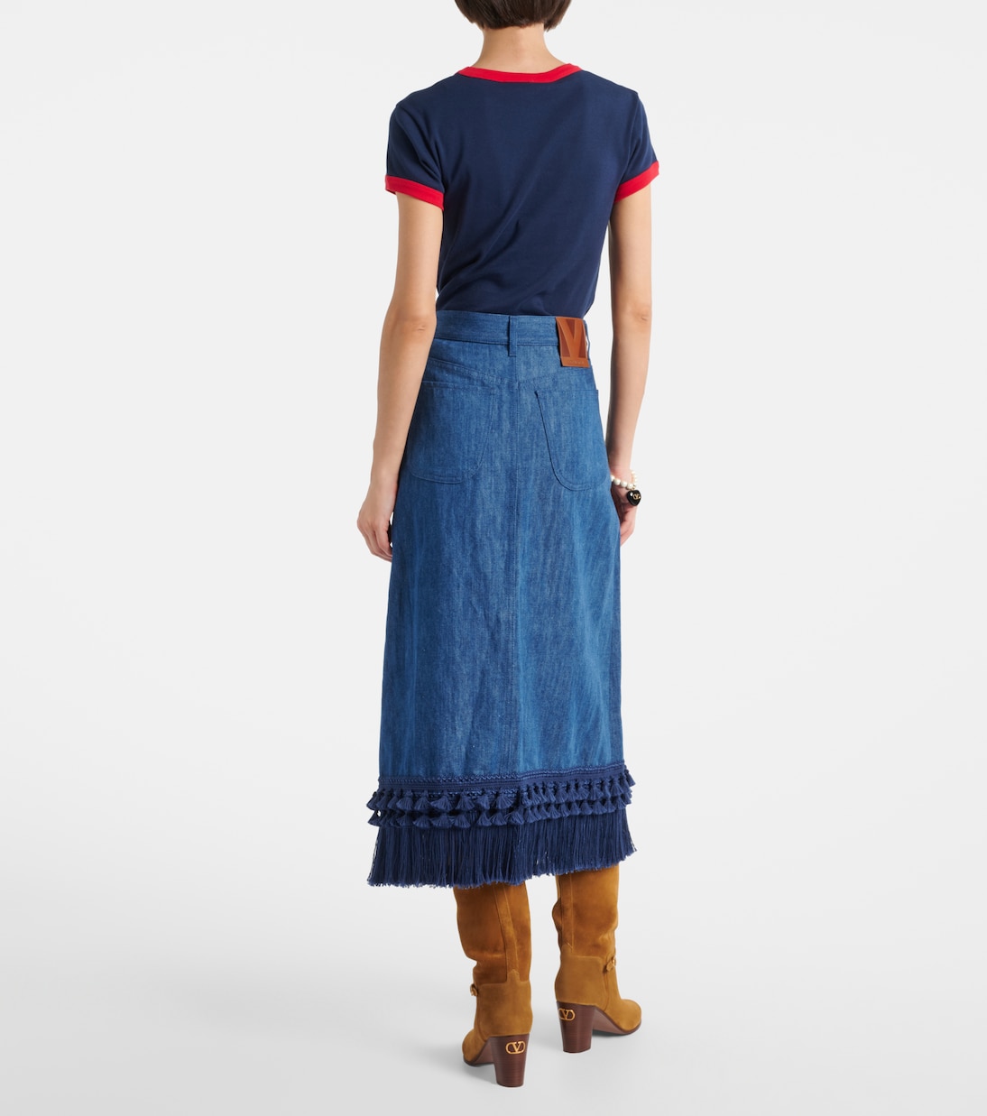 Fringed denim midi skirt | Valentino