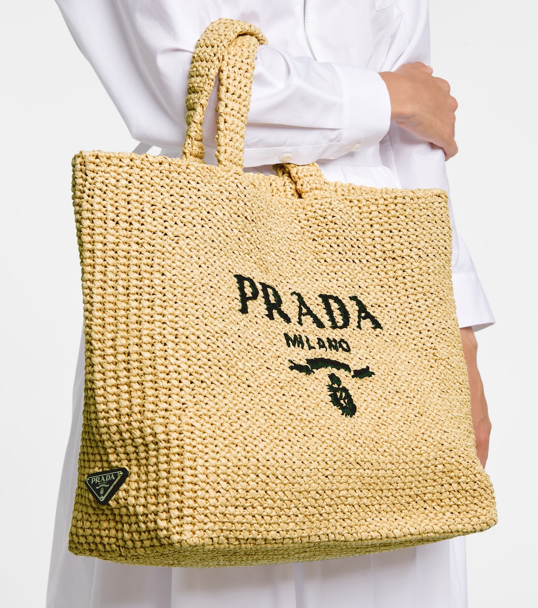 Shopper Medium in rafia con logo | Prada
