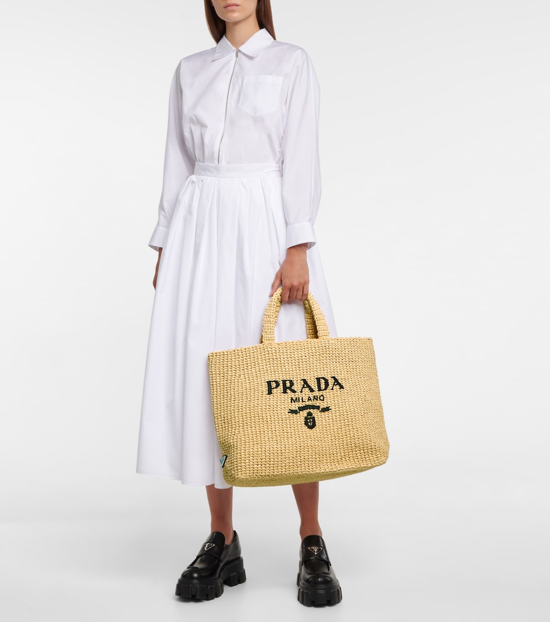 Shopper Medium in rafia con logo | Prada